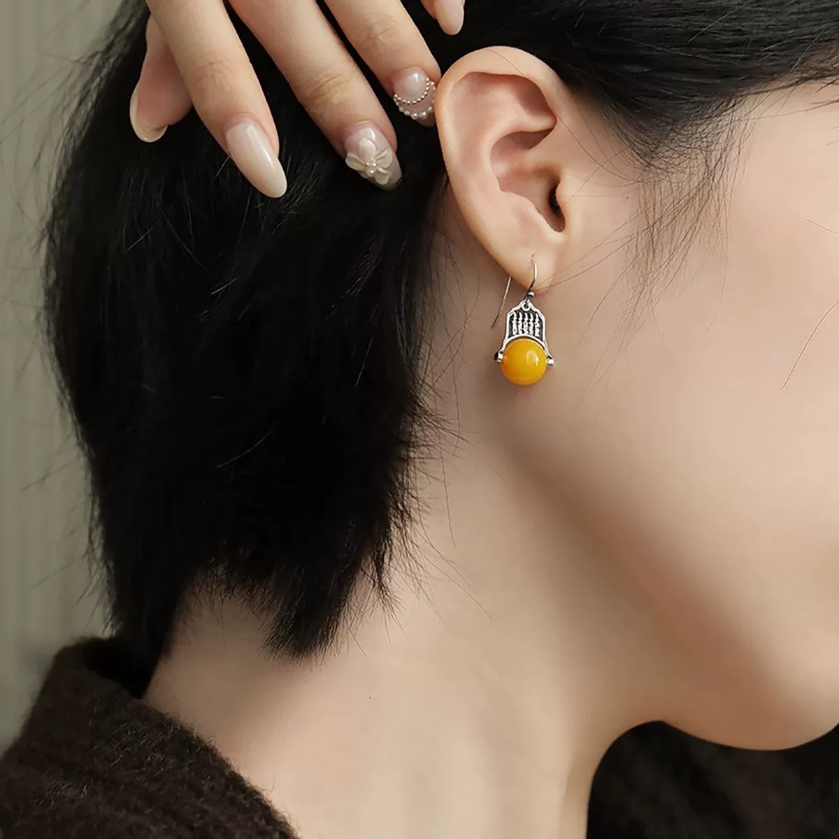 925银玛瑙五条经民族风耳环耳钩2026年高级感新中式耳饰详情图3