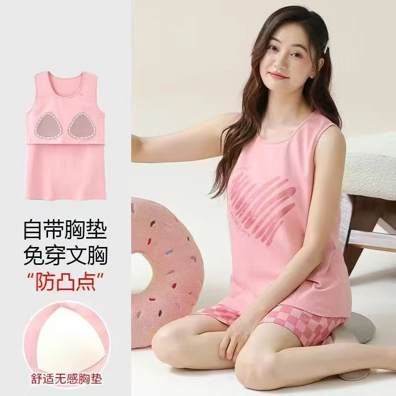 New pajama vest women's one-piece set with chest pad, summer women's shorts set, summer loose, large-sized sleeveless pajamas, home wear, can be worn over pajamas