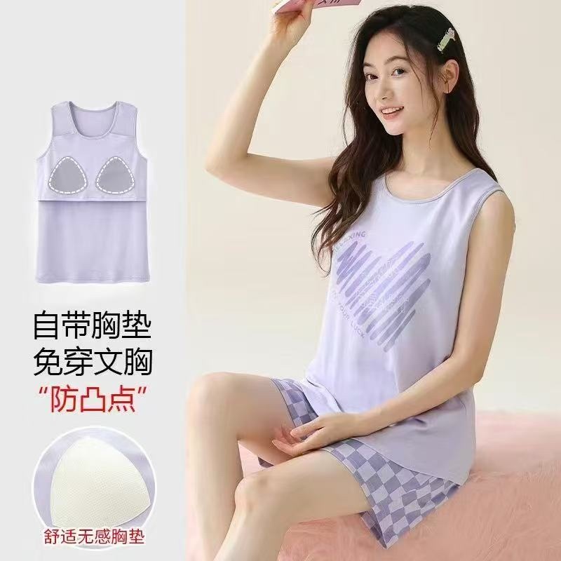New pajama vest women's one-piece set with chest pad, summer women's shorts set, summer loose, large-sized sleeveless pajamas, home wear, can be worn over pajamas detail image 5