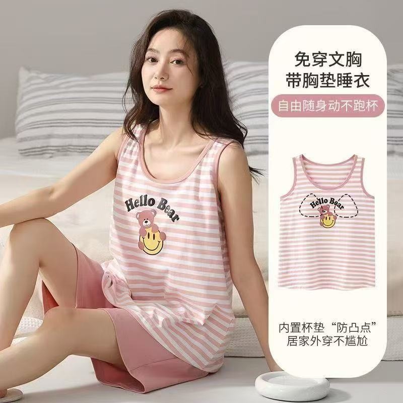 New pajama vest women's one-piece set with chest pad, summer women's shorts set, summer loose, large-sized sleeveless pajamas, home wear, can be worn over pajamas detail image 8