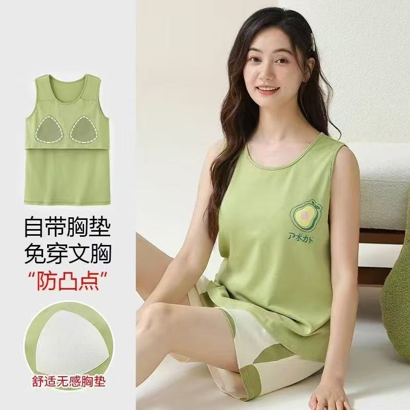 New pajama vest women's one-piece set with chest pad, summer women's shorts set, summer loose, large-sized sleeveless pajamas, home wear, can be worn over pajamas detail image 2