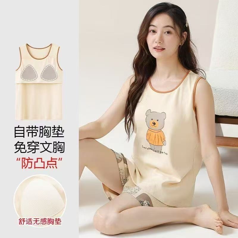 New pajama vest women's one-piece set with chest pad, summer women's shorts set, summer loose, large-sized sleeveless pajamas, home wear, can be worn over pajamas detail image 6