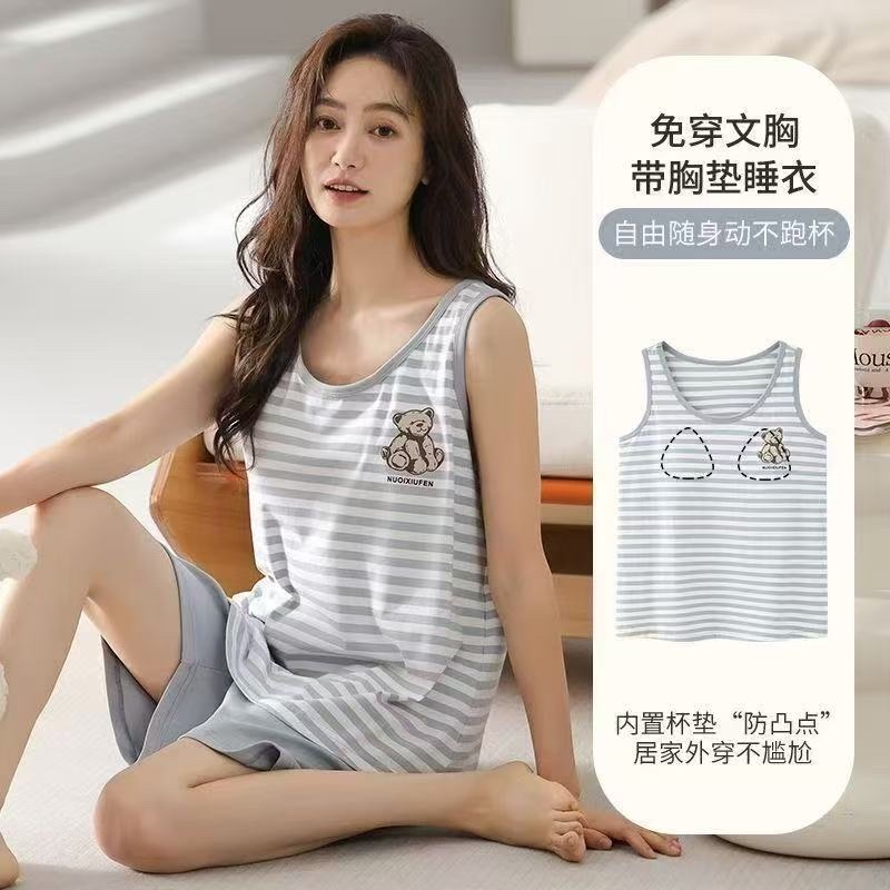 New pajama vest women's one-piece set with chest pad, summer women's shorts set, summer loose, large-sized sleeveless pajamas, home wear, can be worn over pajamas detail image 3