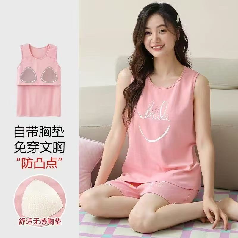 New pajama vest women's one-piece set with chest pad, summer women's shorts set, summer loose, large-sized sleeveless pajamas, home wear, can be worn over pajamas detail image 4