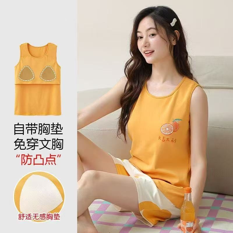 New pajama vest women's one-piece set with chest pad, summer women's shorts set, summer loose, large-sized sleeveless pajamas, home wear, can be worn over pajamas detail image 7