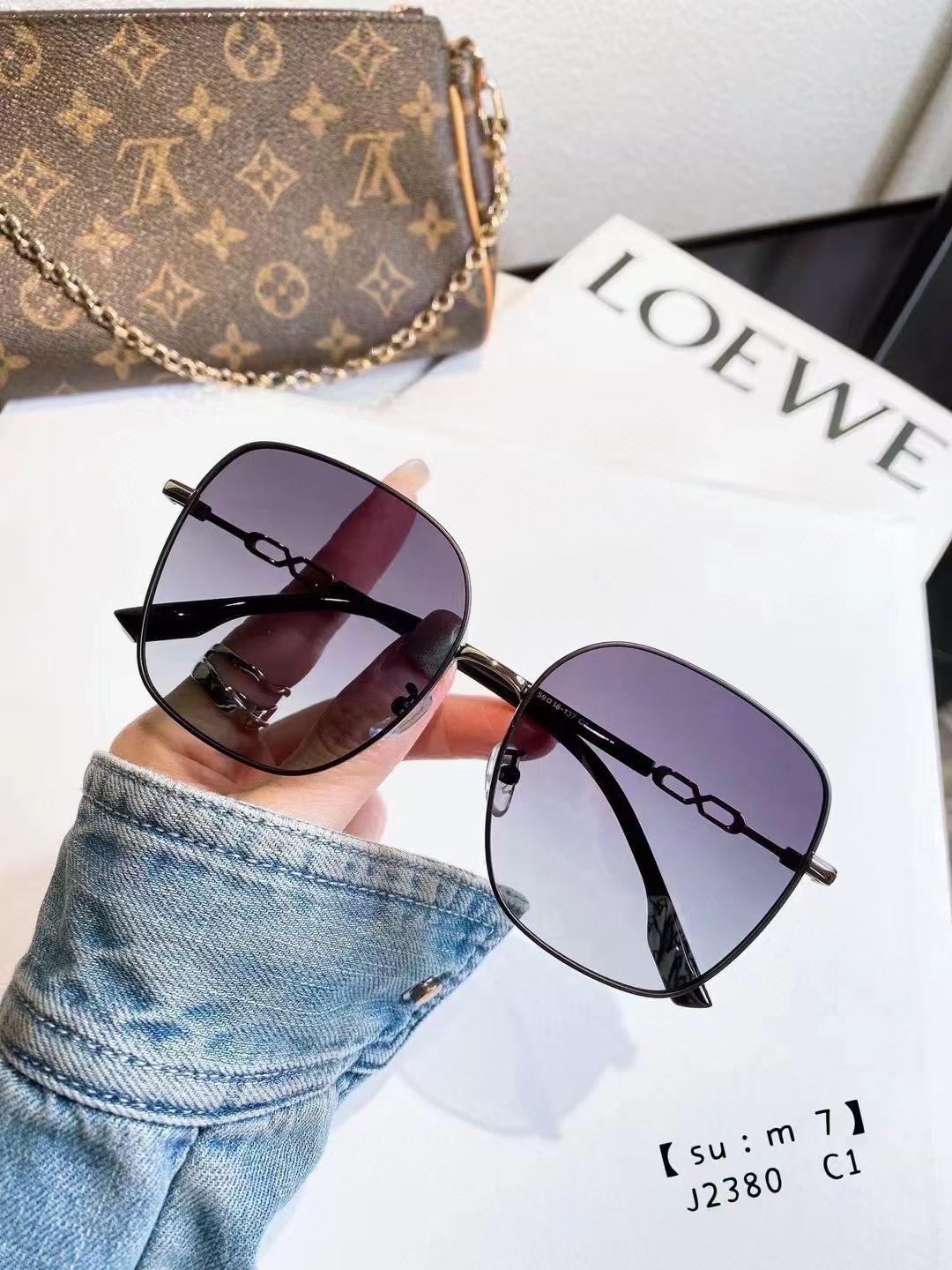 Metal light-colored transparent sunglasses, high-end large-frame glasses for women with big faces, trendy UV-protective sunglasses, elegant sunglasses, 2380 details Picture