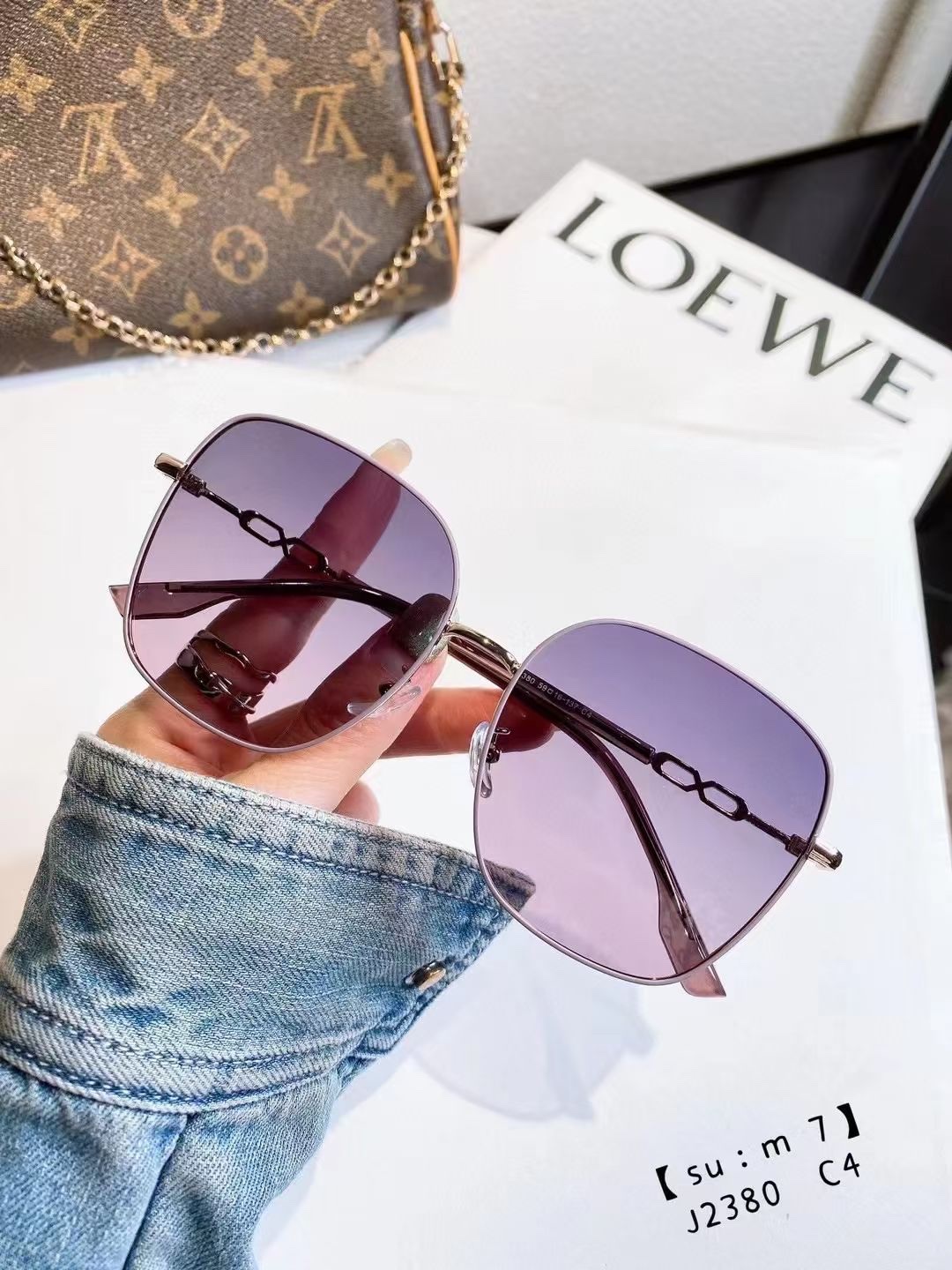 Metal light-colored transparent sunglasses, high-end large-frame glasses for women with big faces, trendy UV-protective sunglasses, elegant sunglasses, 2380 Specification image