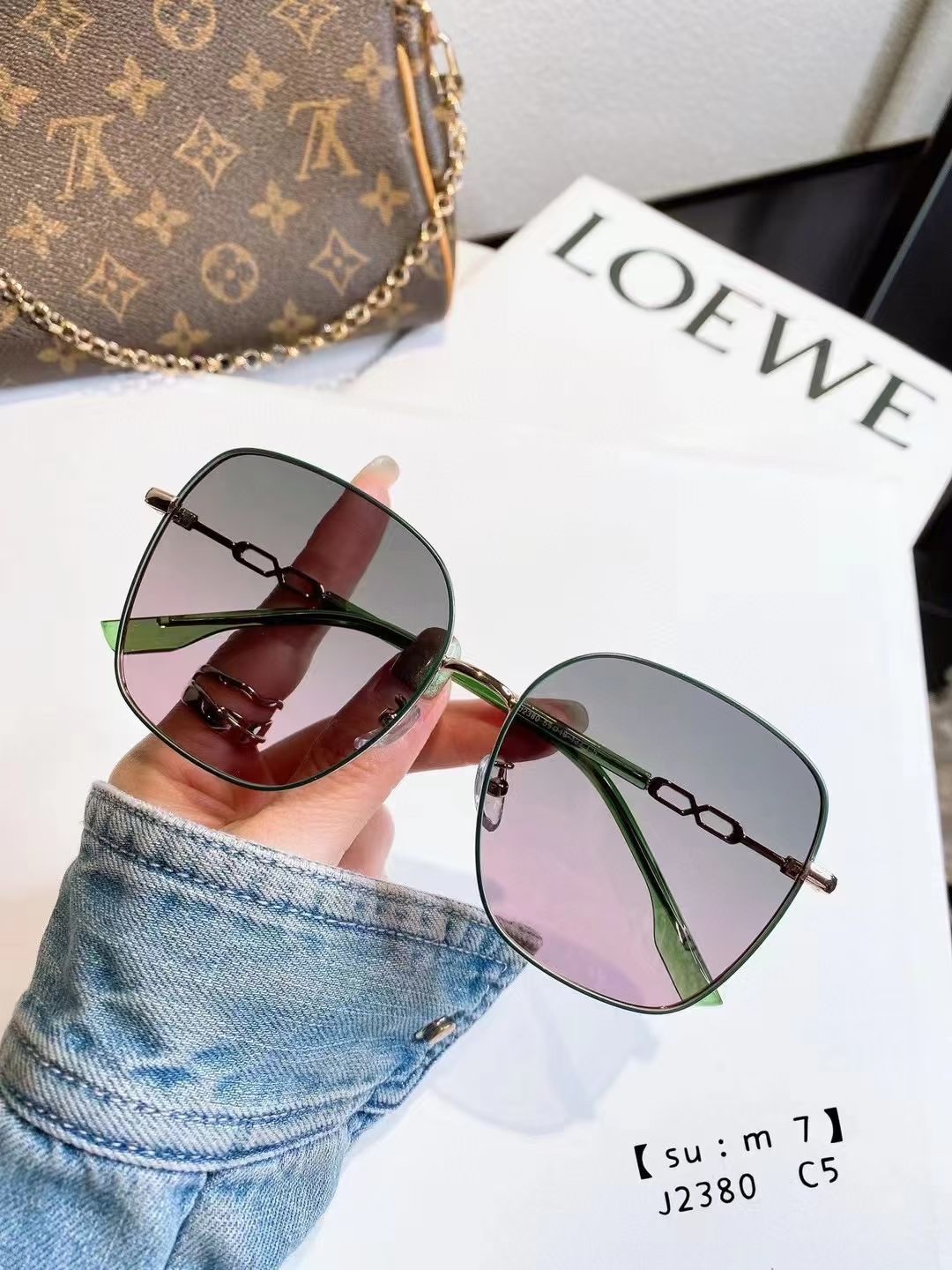 Metal light-colored transparent sunglasses, high-end large-frame glasses for women with big faces, trendy UV-protective sunglasses, elegant sunglasses, 2380 detail image 5