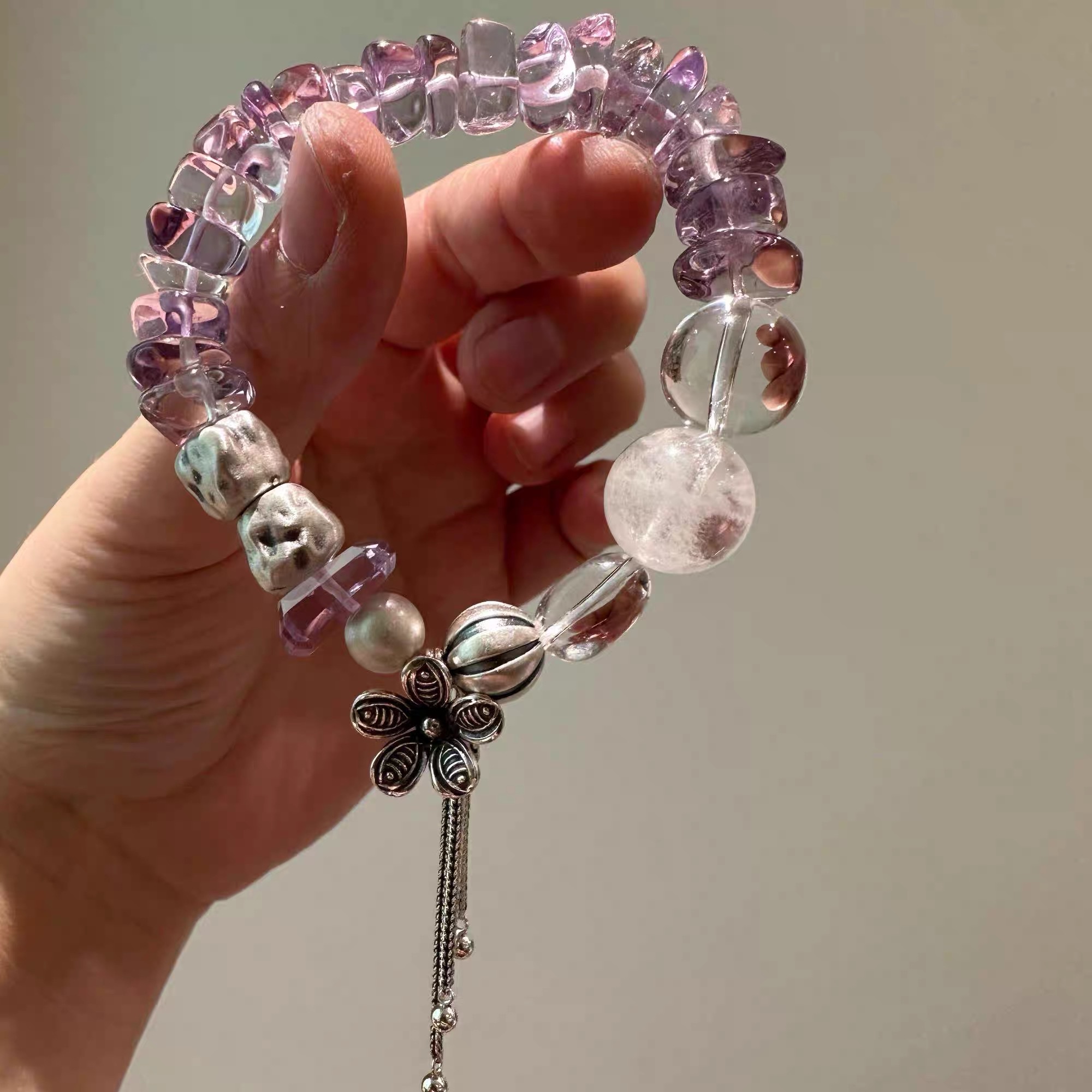 S925 Silver Irregular amethyst Snowflake Ghost White Crystal Five-petal flower elastic bracelet