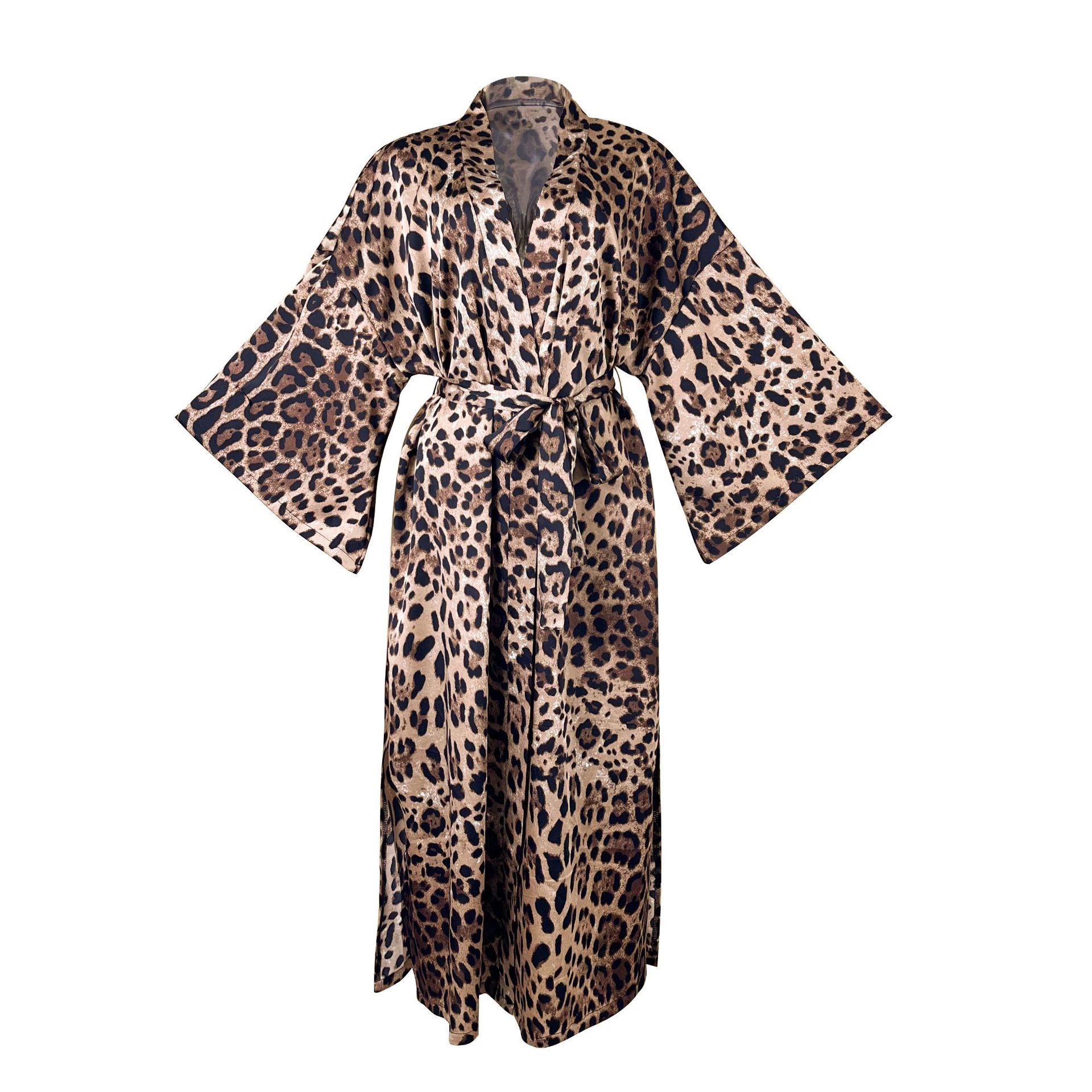 Foreign trade style leopard print imitation acetate bathrobe, mid-length lace-up cardigan, sexy slit home wear 1178 Application Scenario