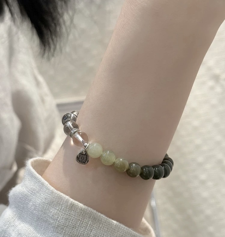 S925 silver-white crystal Hetian jade gradient round bead Zaki elastic bracelet, a collectible detail image 3