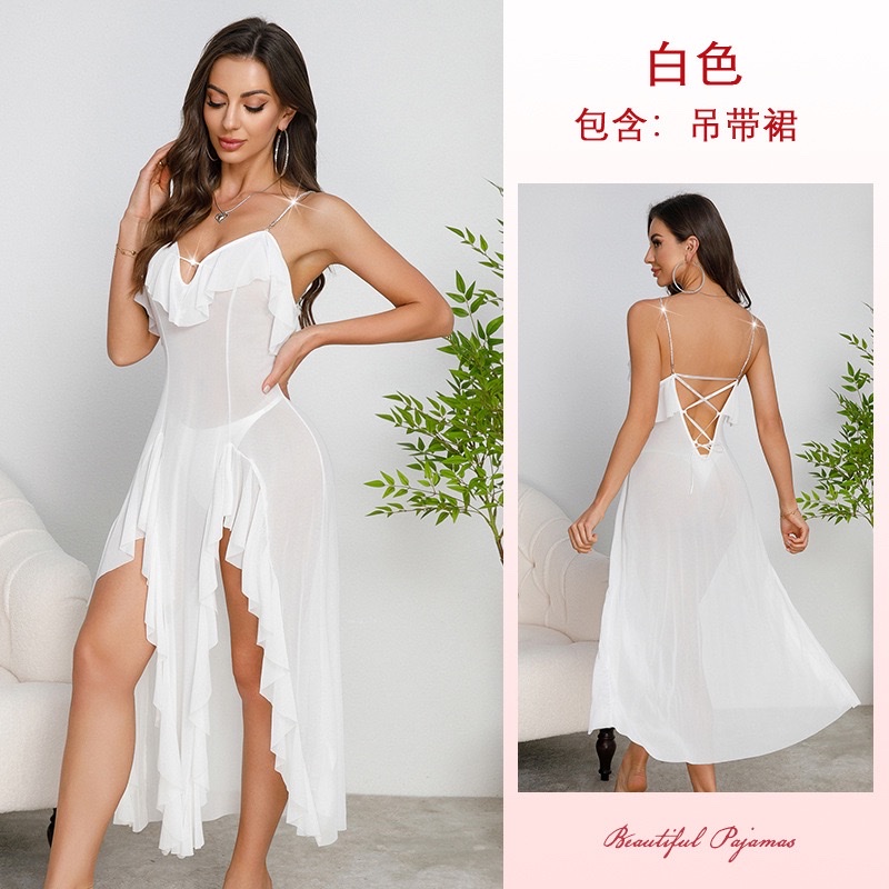 French ruffled tulle sleeping dress for export, rhinestone shoulder strap, backless slit, sexy home wear 896 undefined