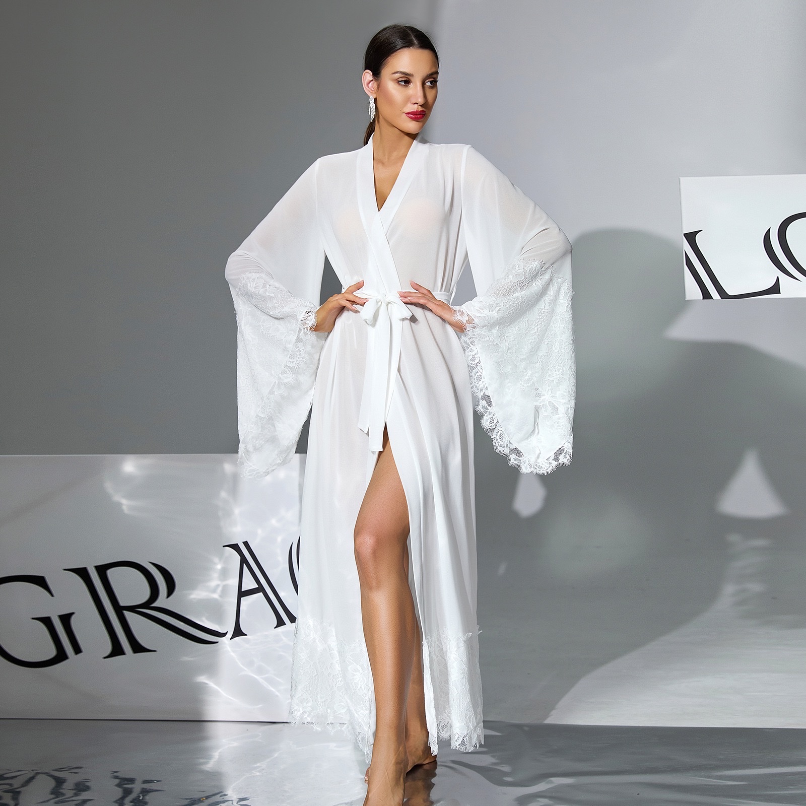 European and American mesh lace fringed bathrobes, chiffon see-through flared sleeves, long home wear in multiple colors available, 1146 details Picture