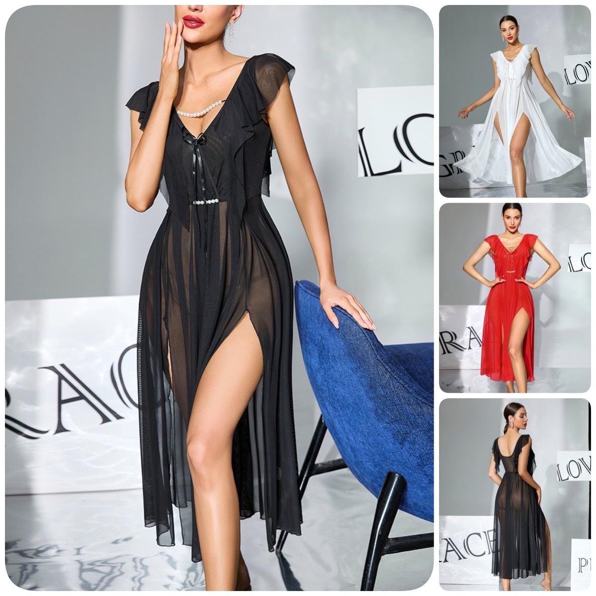 European and American independent station mesh romantic sleeping dress pearl decoration V-neck high slit sexy long dress available in multiple colors 1163 Application Scenario