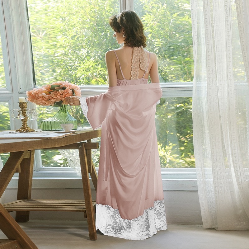 French light luxury satin lace patchwork pajama set, sexy halter cardigan and bathrobe two-piece set 856 Specification drawing