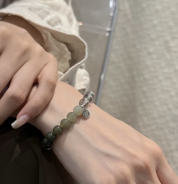 S925 silver-white crystal Hetian jade gradient round bead Zaki elastic bracelet, a collectible detail image 4