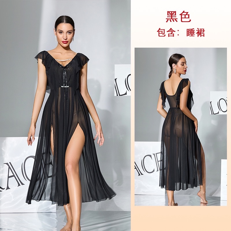 European and American independent station mesh romantic sleeping dress pearl decoration V-neck high slit sexy long dress available in multiple colors 1163 undefined