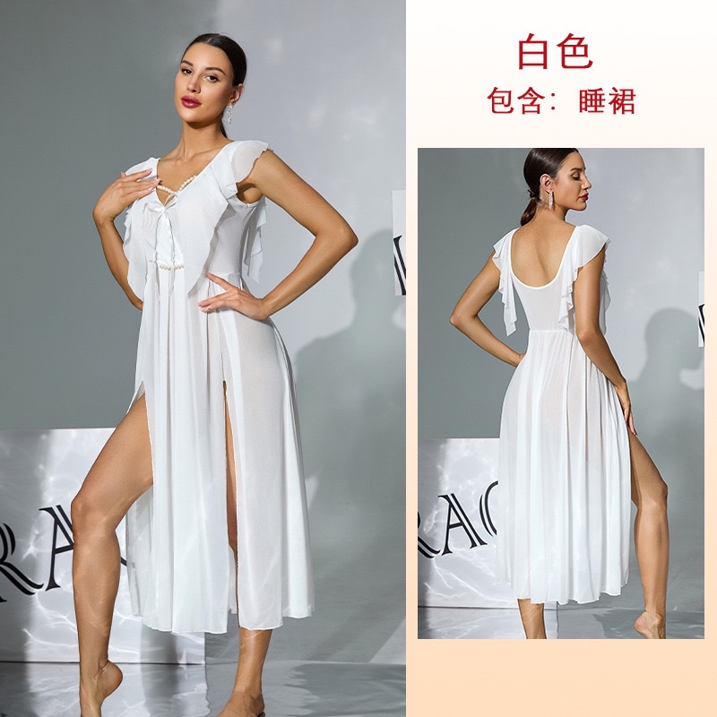 European and American independent station mesh romantic sleeping dress pearl decoration V-neck high slit sexy long dress available in multiple colors 1163 undefined