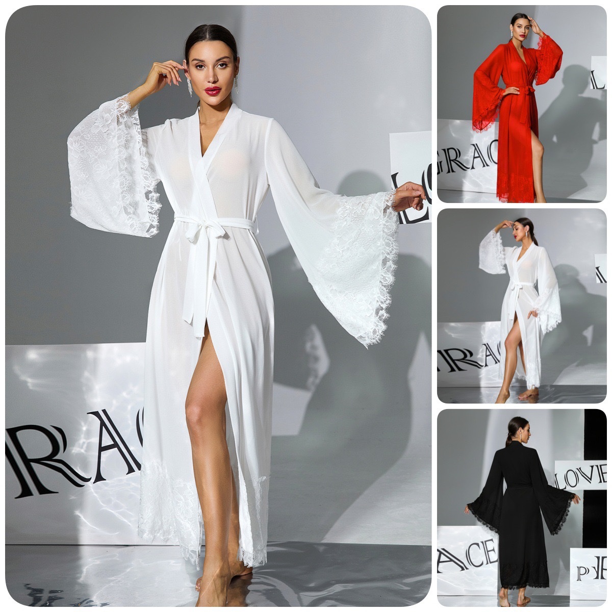 European and American mesh lace fringed bathrobes, chiffon see-through flared sleeves, long home wear in multiple colors available, 1146 full figure