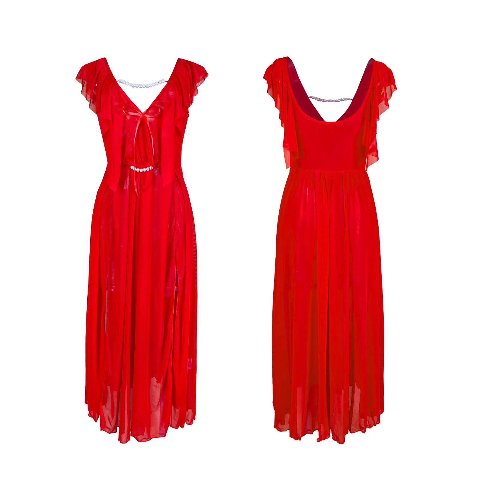 European and American independent station mesh romantic sleeping dress pearl decoration V-neck high slit sexy long dress available in multiple colors 1163 Application Scenario