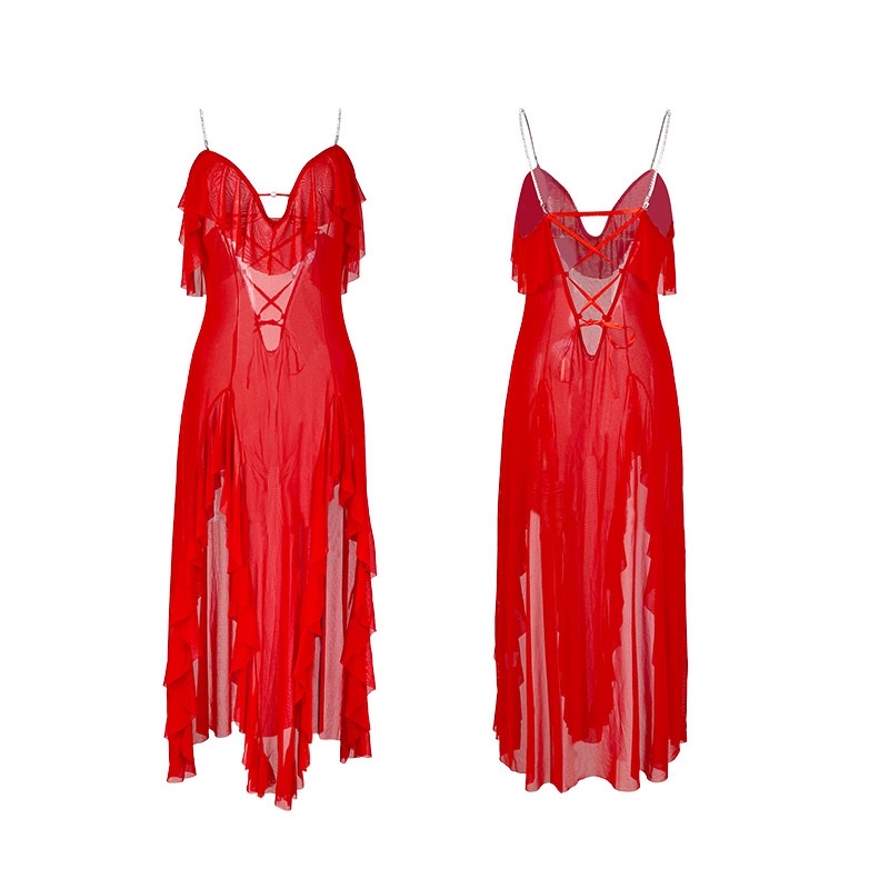 French ruffled tulle sleeping dress for export, rhinestone shoulder strap, backless slit, sexy home wear 896 Item Picture