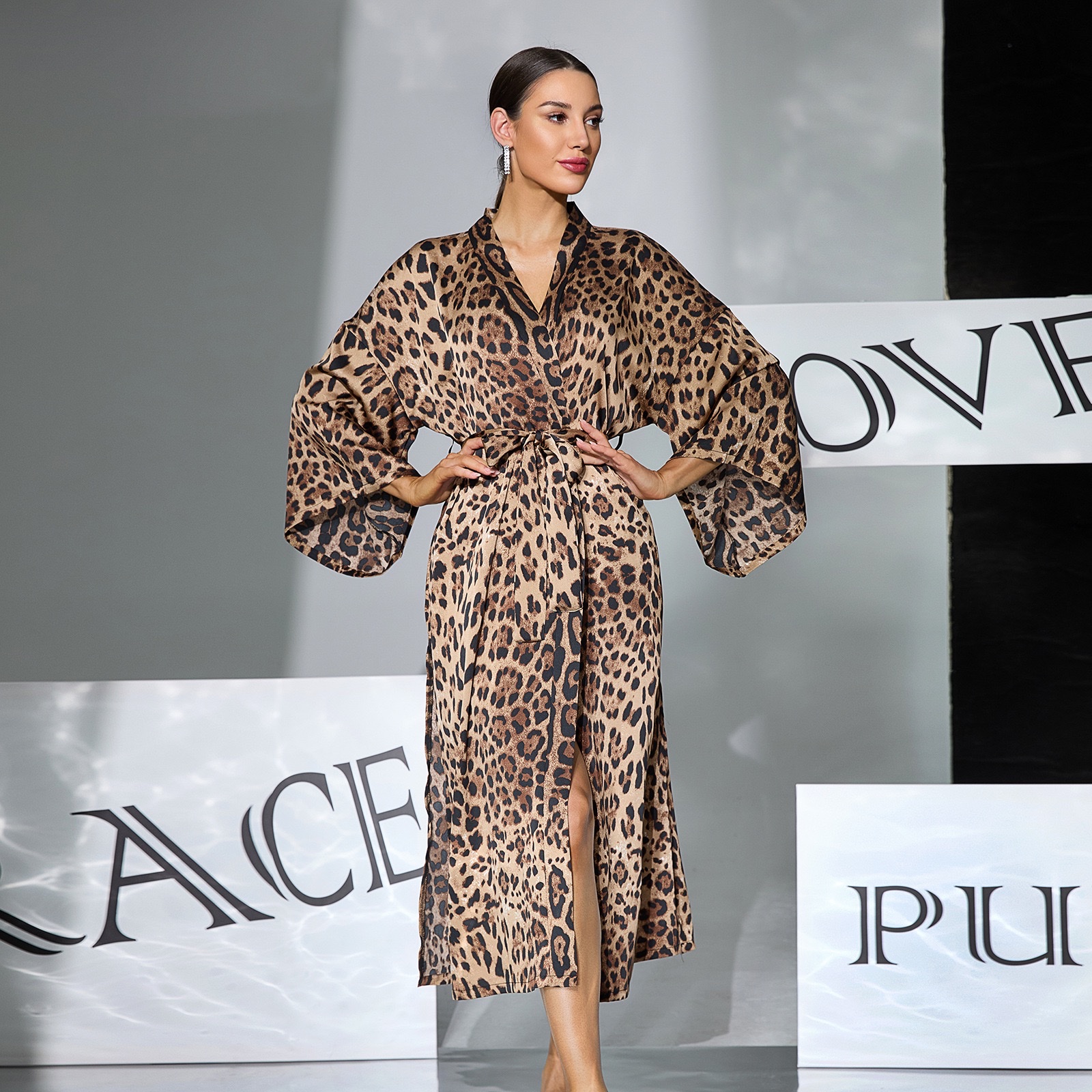 Foreign trade style leopard print imitation acetate bathrobe, mid-length lace-up cardigan, sexy slit home wear 1178 details Picture