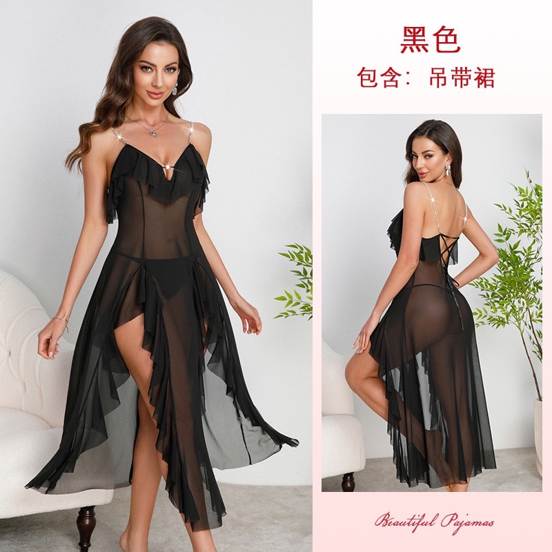 French ruffled tulle sleeping dress for export, rhinestone shoulder strap, backless slit, sexy home wear 896 undefined