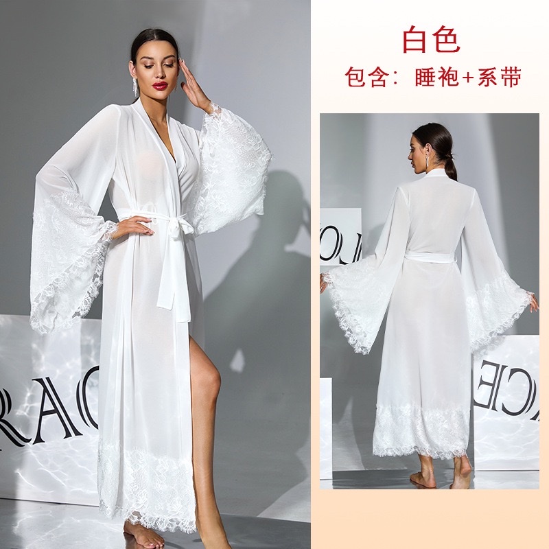 European and American mesh lace fringed bathrobes, chiffon see-through flared sleeves, long home wear in multiple colors available, 1146 undefined