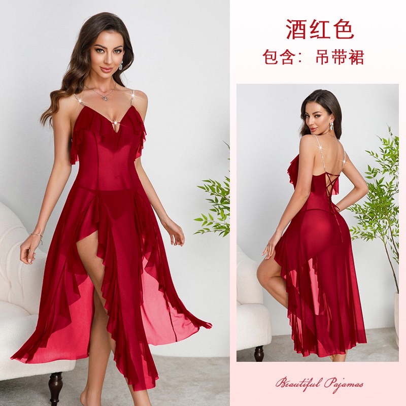 French ruffled tulle sleeping dress for export, rhinestone shoulder strap, backless slit, sexy home wear 896 undefined