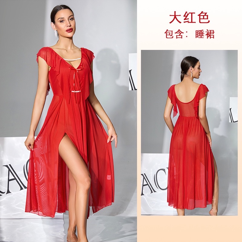 European and American independent station mesh romantic sleeping dress pearl decoration V-neck high slit sexy long dress available in multiple colors 1163 undefined