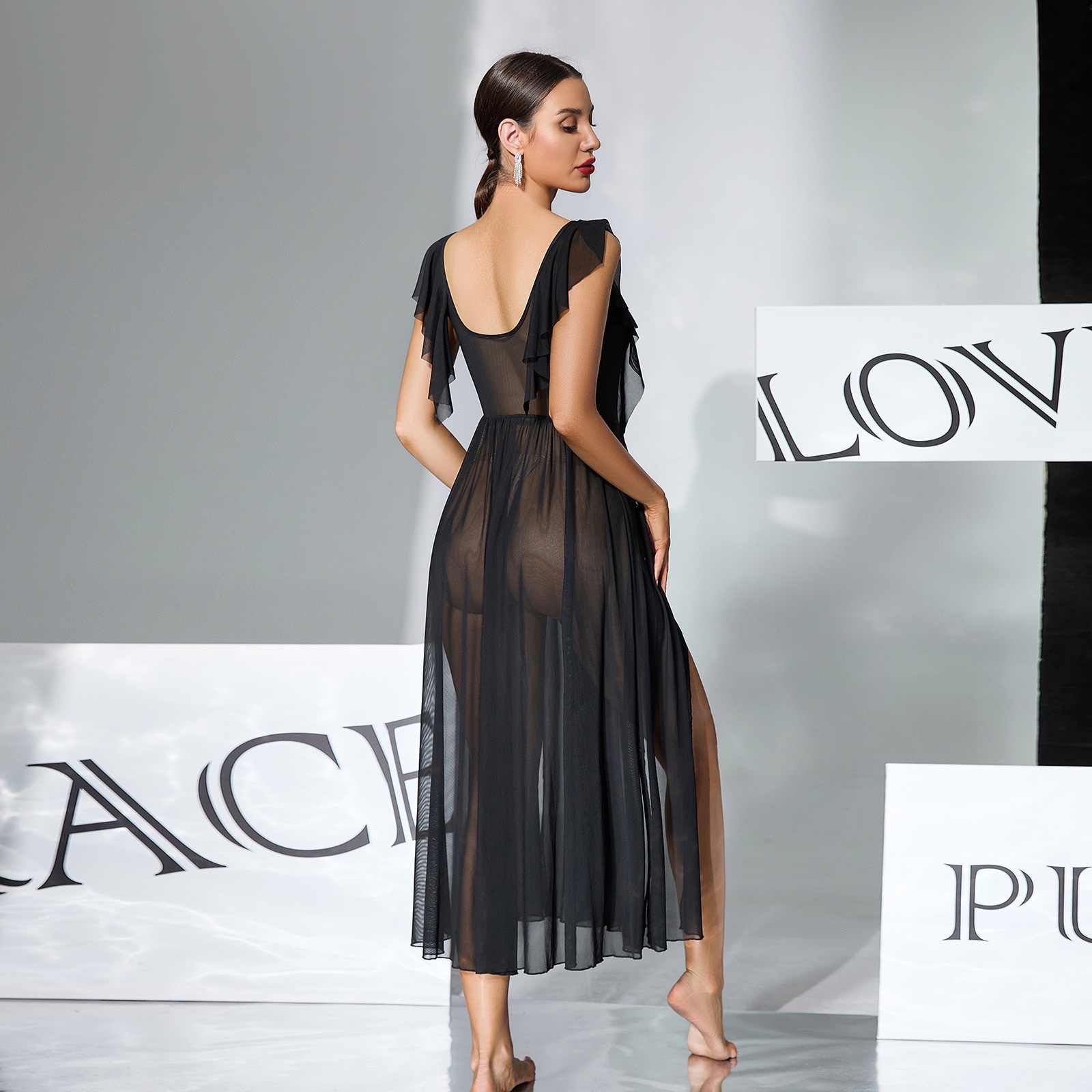 European and American independent station mesh romantic sleeping dress pearl decoration V-neck high slit sexy long dress available in multiple colors 1163 details Picture
