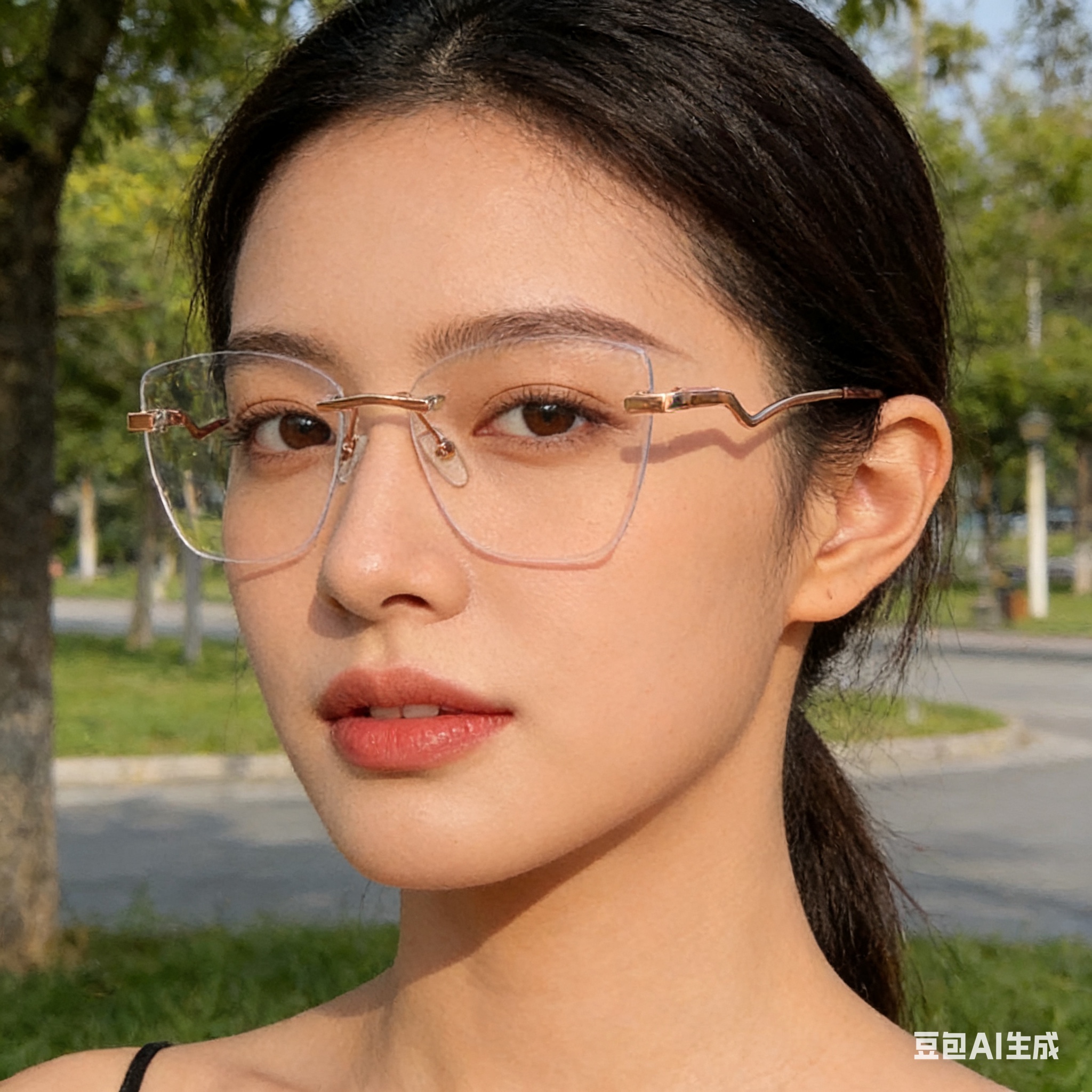 New cross-border frameless cat-eye cut-edge blue light glasses for both men and women, with curved feet design, flat light glasses, square frame 1020 detail image 2