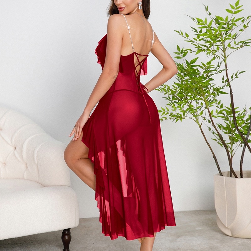 French ruffled tulle sleeping dress for export, rhinestone shoulder strap, backless slit, sexy home wear 896 Specification drawing