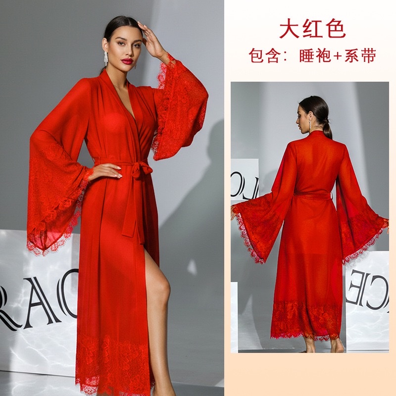 European and American mesh lace fringed bathrobes, chiffon see-through flared sleeves, long home wear in multiple colors available, 1146 Item Picture