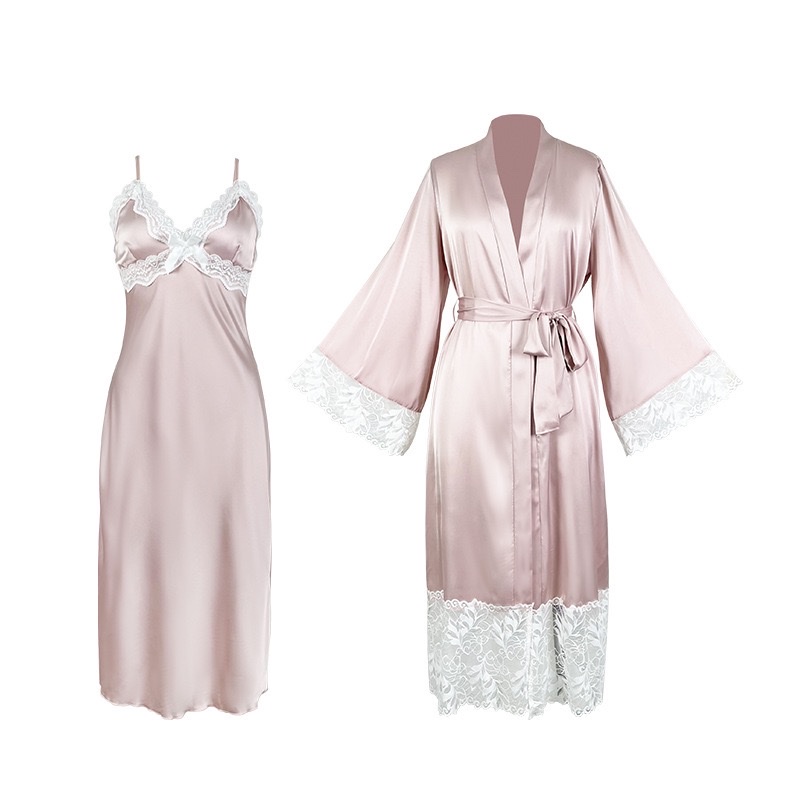 French light luxury satin lace patchwork pajama set, sexy halter cardigan and bathrobe two-piece set 856 Item Picture