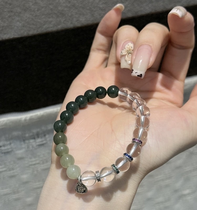 S925 silver-white crystal Hetian jade gradient round bead Zaki elastic bracelet, a collectible