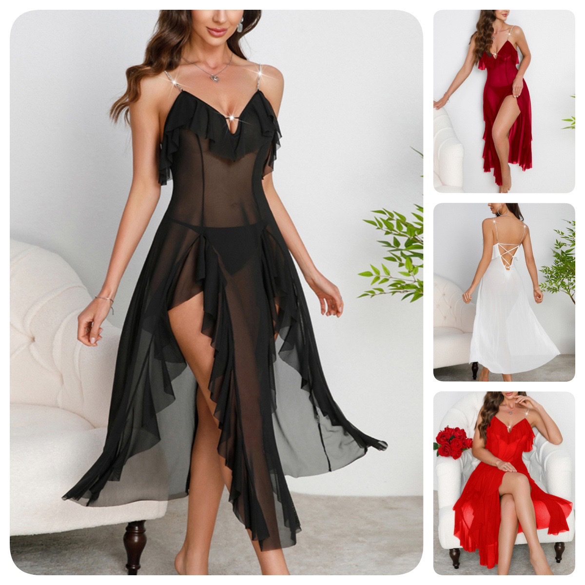 French ruffled tulle sleeping dress for export, rhinestone shoulder strap, backless slit, sexy home wear 896 thumbnail