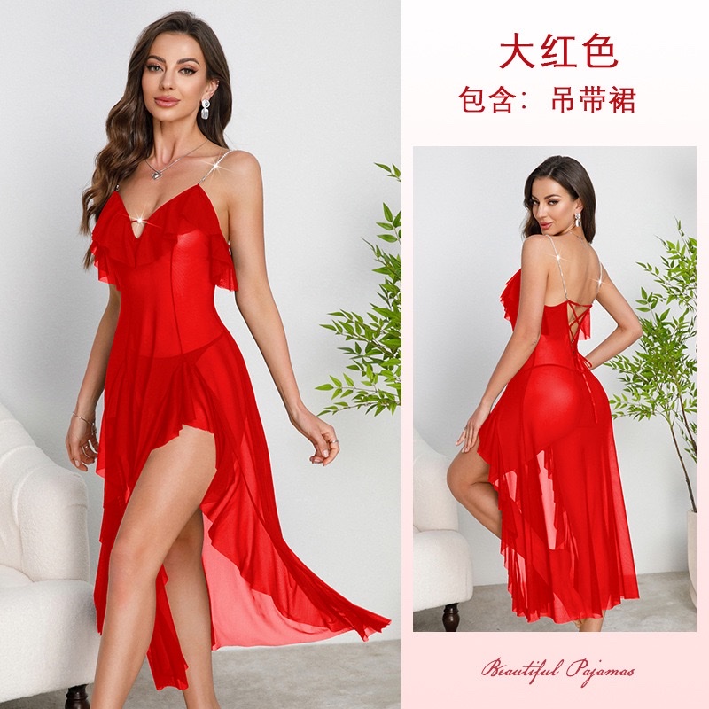 French ruffled tulle sleeping dress for export, rhinestone shoulder strap, backless slit, sexy home wear 896 undefined