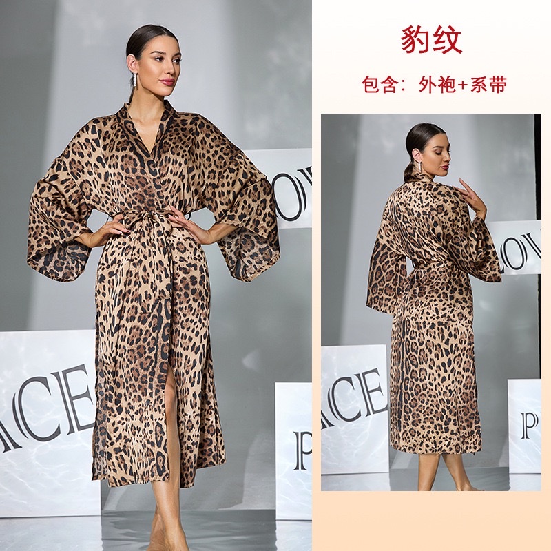 Foreign trade style leopard print imitation acetate bathrobe, mid-length lace-up cardigan, sexy slit home wear 1178 Item Picture