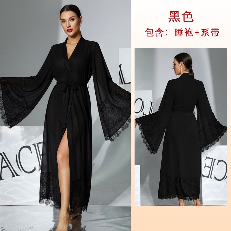 European and American mesh lace fringed bathrobes, chiffon see-through flared sleeves, long home wear in multiple colors available, 1146 undefined