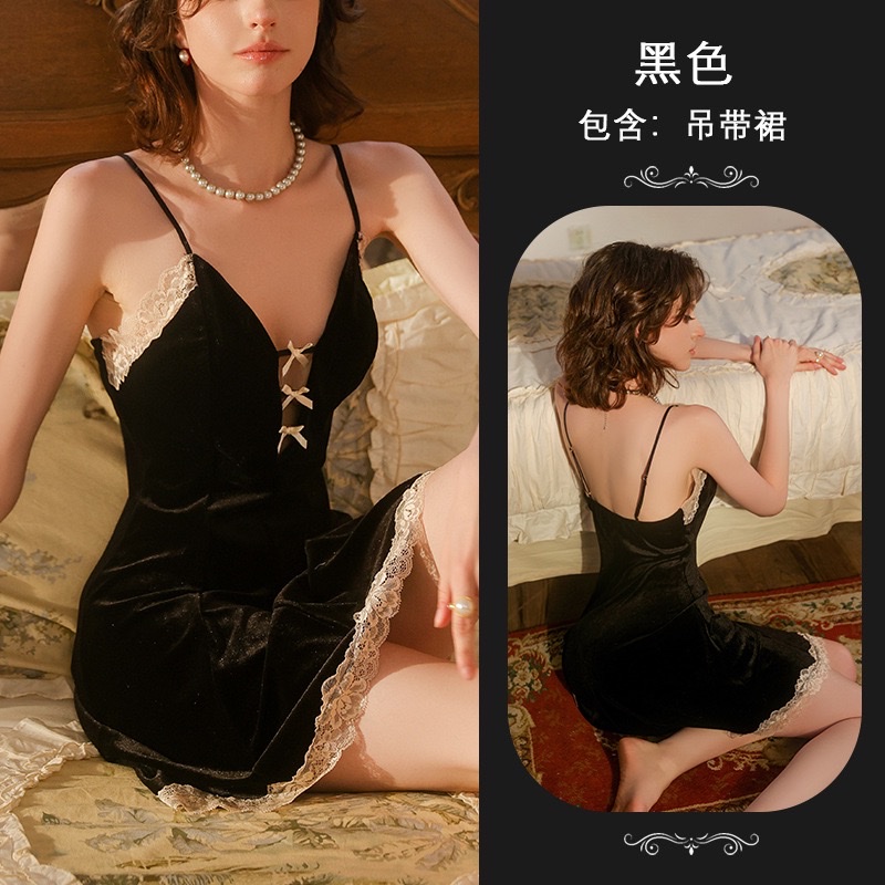 French light luxury velvet lace-trimmed halter nightgown set, lace-up bathrobe, sexy pajamas, home wear 777 undefined