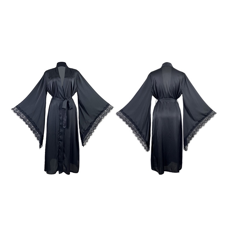 European and American cross-border luxury satin lace flared sleeve bathrobe for women, long V-neck tie slit home bathrobe 706 Item Picture