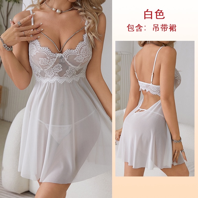 European and American cross-border women's lace see-through halter nightgown with diamond chain decoration, deep V sexy pajamas available in multiple colors, 653 undefined