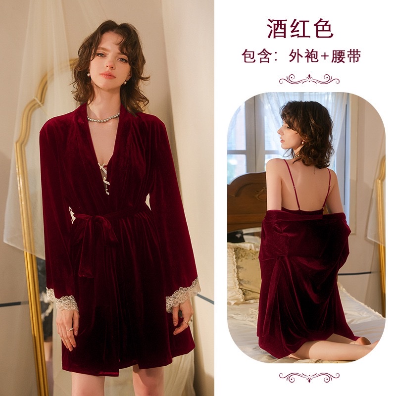 French light luxury velvet lace-trimmed halter nightgown set, lace-up bathrobe, sexy pajamas, home wear 777 undefined