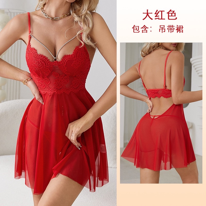 European and American cross-border women's lace see-through halter nightgown with diamond chain decoration, deep V sexy pajamas available in multiple colors, 653 undefined