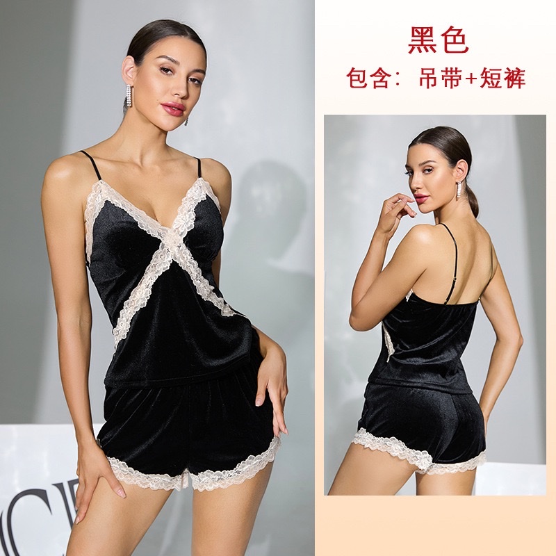 外贸款黑色丝绒蕾丝V领吊带短裤两件套纯欲风居家服套装1189详情图6
