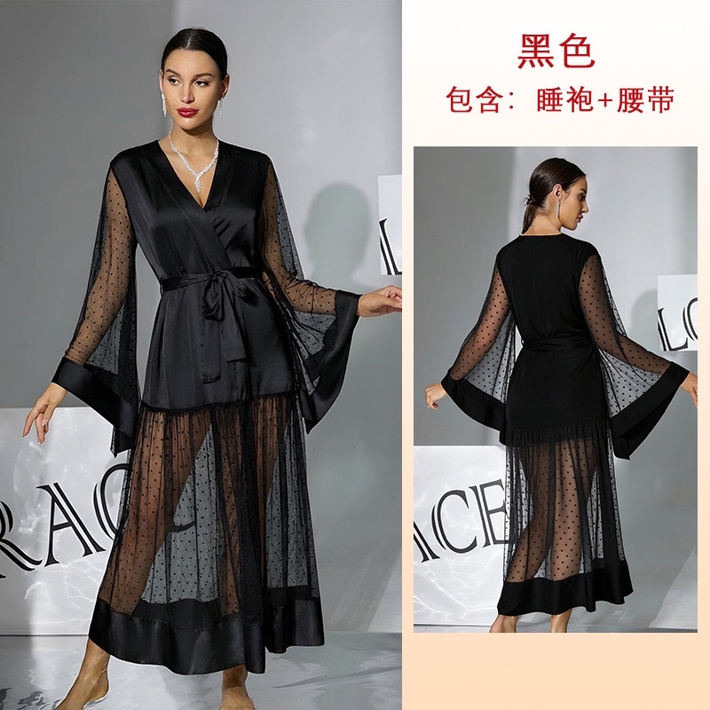 Multi-color available ladies' satin bathrobe, polka dot mesh patchwork, flared sleeves, long skin-friendly and breathable home wear 1143 undefined