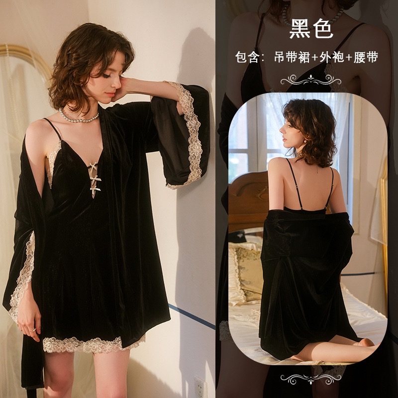 French light luxury velvet lace-trimmed halter nightgown set, lace-up bathrobe, sexy pajamas, home wear 777 undefined