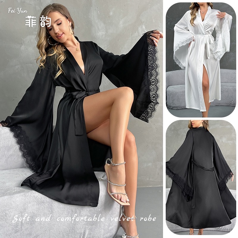 European and American cross-border luxury satin lace flared sleeve bathrobe for women, long V-neck tie slit home bathrobe 706 Specification drawing