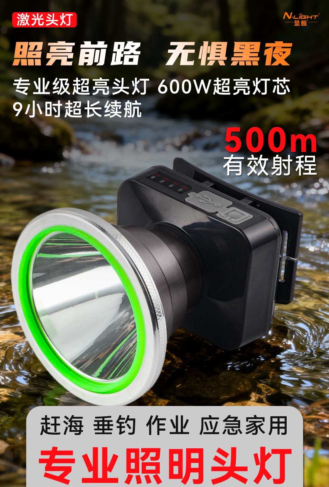 LED高亮激光炮头灯户外照明露营徒步钓鱼